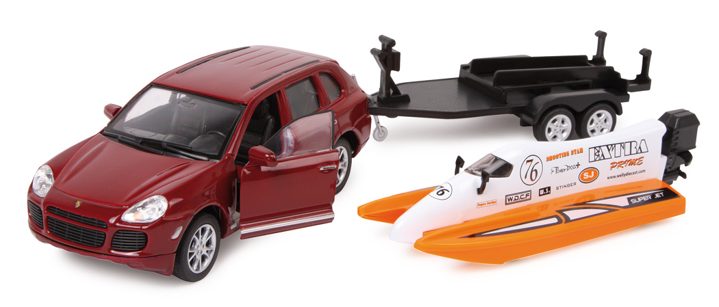 Masinuta Porsche Caynne cu barca pe platforma die-cast metal jucariidezece.ro 2